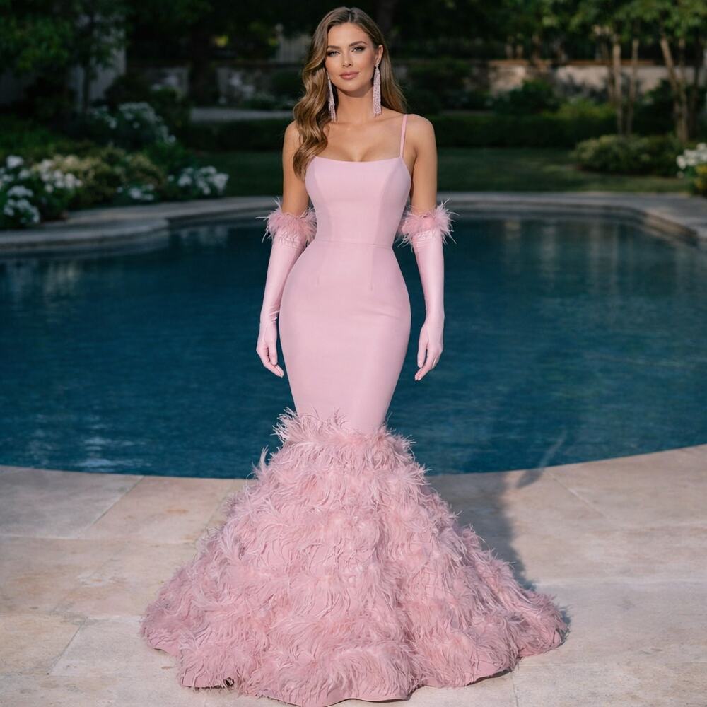 Portia and Scarlett Pink Feather Mermaid Formal Dress With Gloves Size 12 NWT